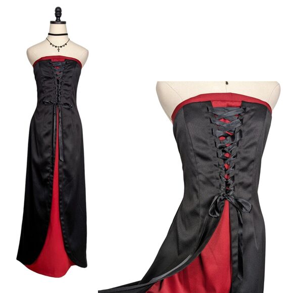 Vintage Prom Dress Maxi Gown S Red Black Corset Goth 90 Y2K Strapless Vamp Glam - Picture 3 of 13